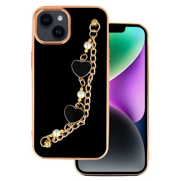 iPhone 14 Plus (6,7") Herz Armband Schutzhülle Handyhülle Luxus Cover Case Schwarz Des. 3